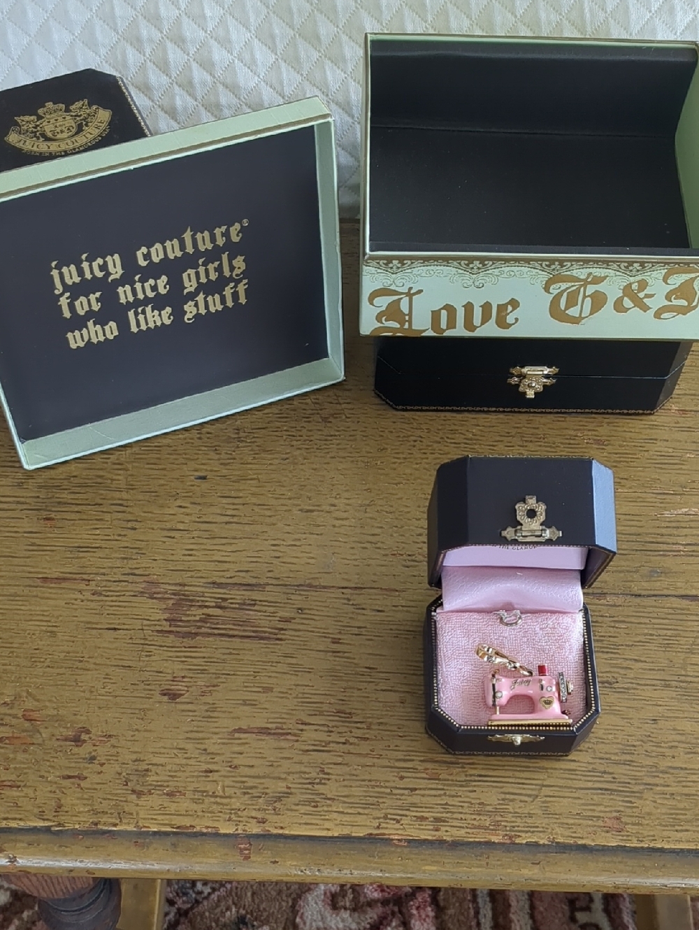 Juicy Couture Pink and Gold Sewing Machine Charm in Jewelry Box